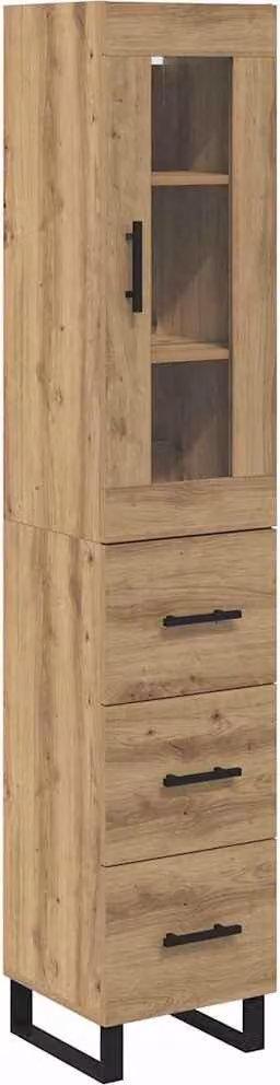 Alacena Syfax de Roble en color marrón con puertas de cristal y estantes internos, An: 34,5 cm, P: 34 cm, Al: 180 cm