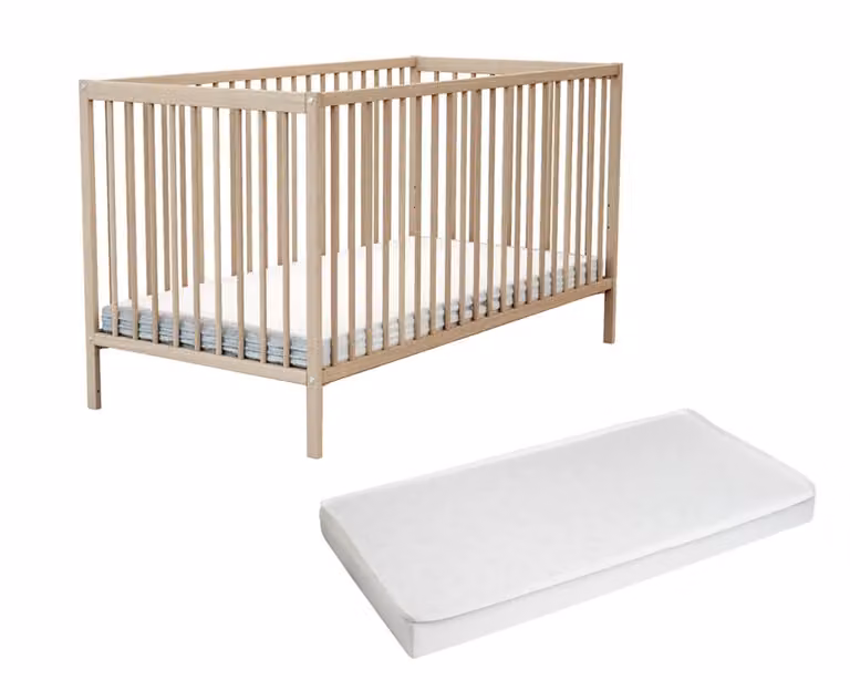 Cuna de madera de haya para bebés con colchón de 70 x 140 cm en colores blanco o marrón