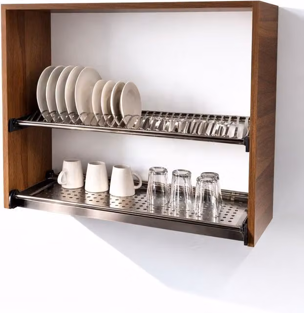 Mueble alto escurridor de cocina Calandrelli en color nogal con puertas batientes y estantes internos, Altura: 72 cm, Profundidad: 80 cm, Ancho: 33 cm