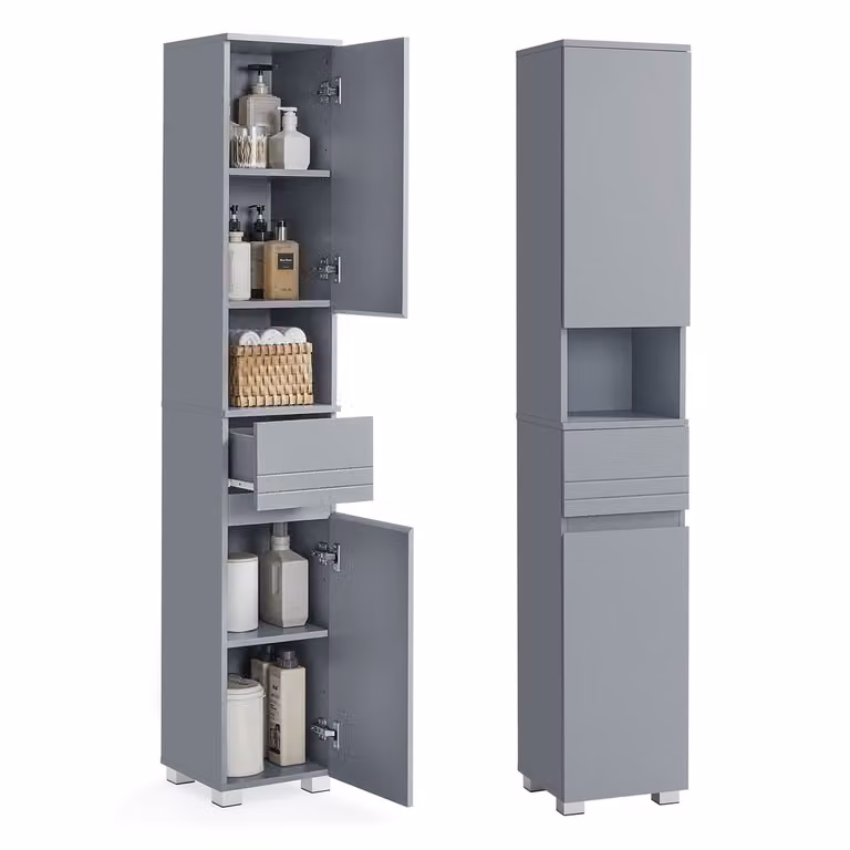 Armario de baño VASAGLE gris con puertas con bisagras y estantes internos, An/P/Al: 30 x 30 x 170 cm