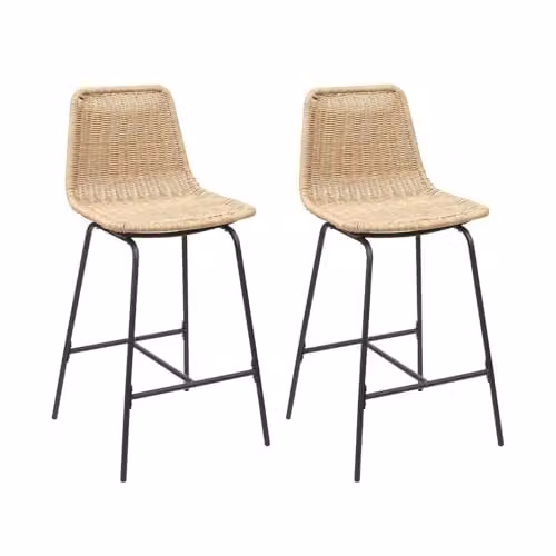 Conjunto de 2 taburetes de bar y cocina Mob-In de ratán y metal estilo boho en color beige y negro con altura de 65 cm