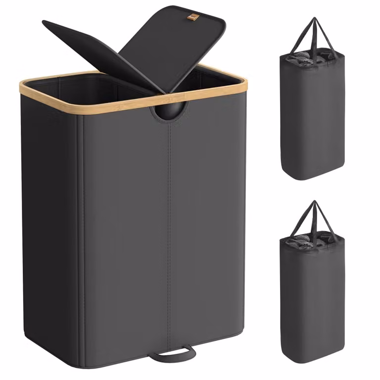 Cesto de ropa sucia Songmics de 2 compartimentos con tapa y bolsas extraíbles, 150 l, negro, beige y marrón