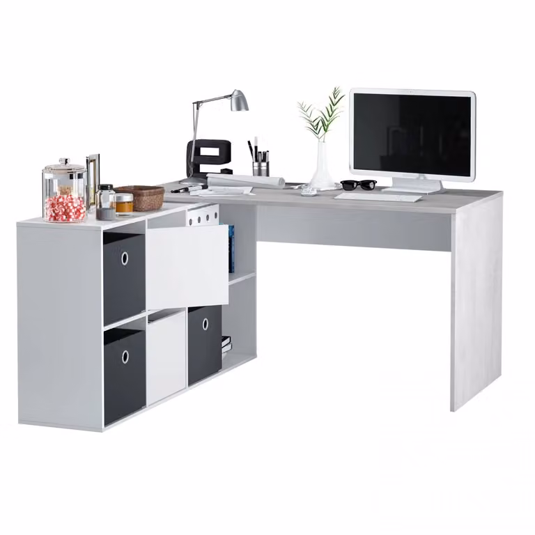 Mesa de escritorio extensible de esquina Office de FORES en blanco y gris, An/P/Al: 136 x 139 x 74 cm