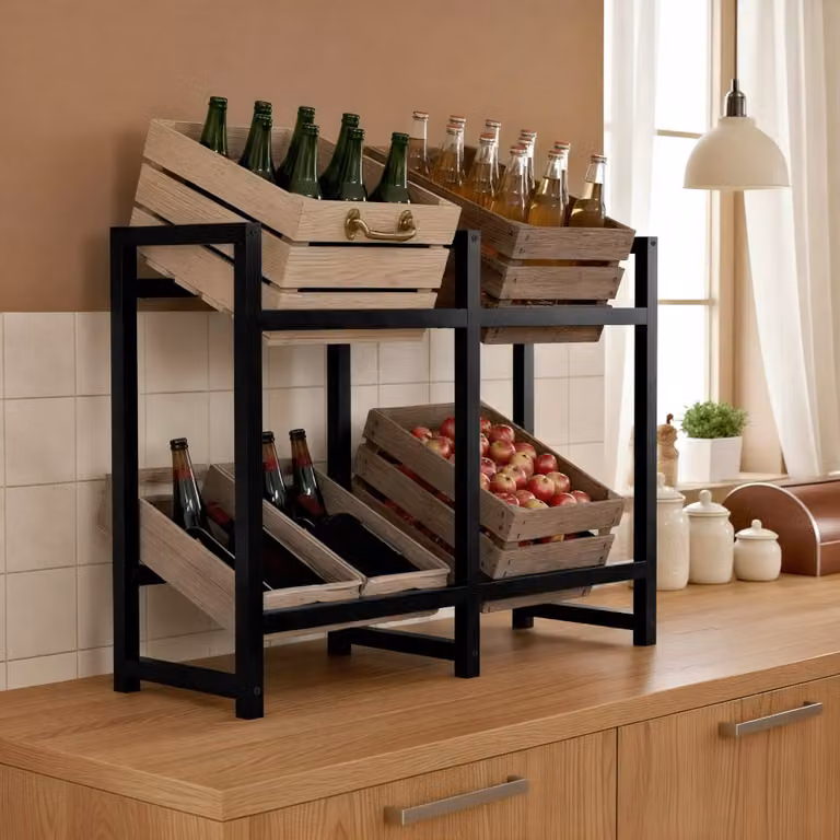 Estantería moderna de metal negro para cajas de bebidas con diseño de espalda abierta
