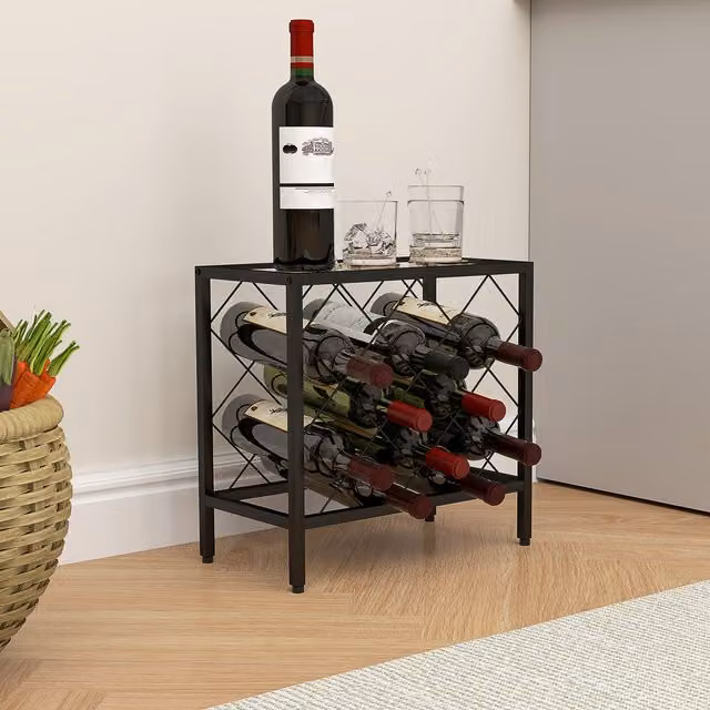 Botellero PZCC para 10 botellas con tapa de vidrio templado y estructura de acero en color negro mate, An/P/Al: 41 x 22 x 41 cm