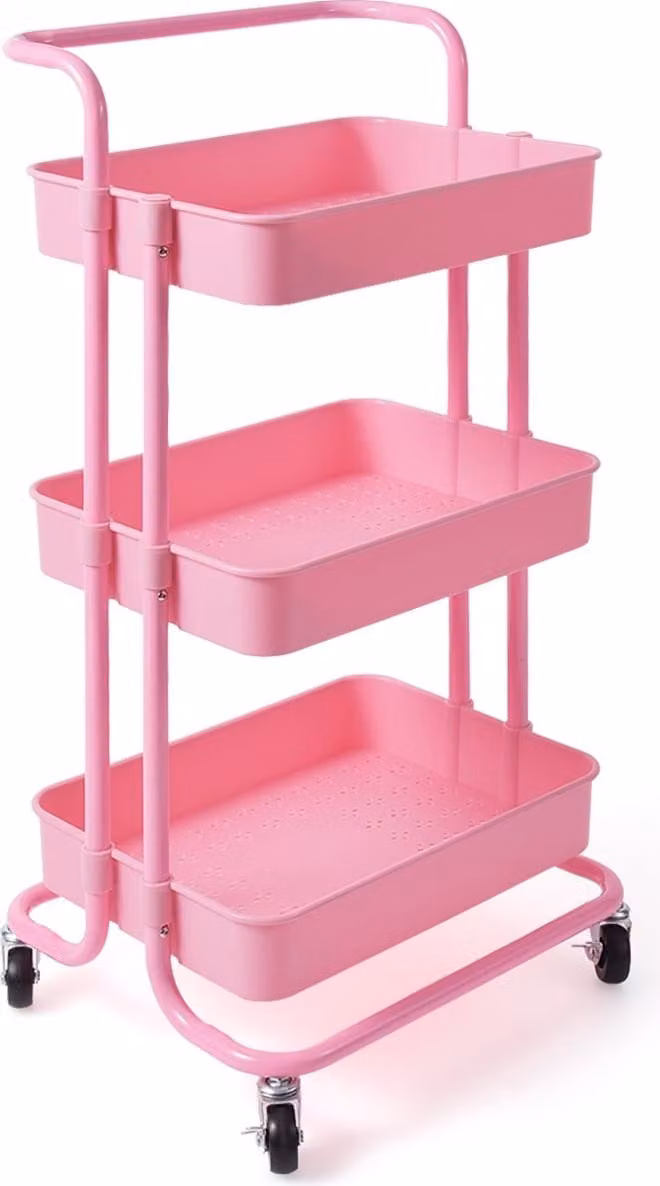 Carrito de almacenamiento Northix de 3 niveles en metal y plástico, color rosa, con ruedas y diseño moderno para cocina, baño u oficina