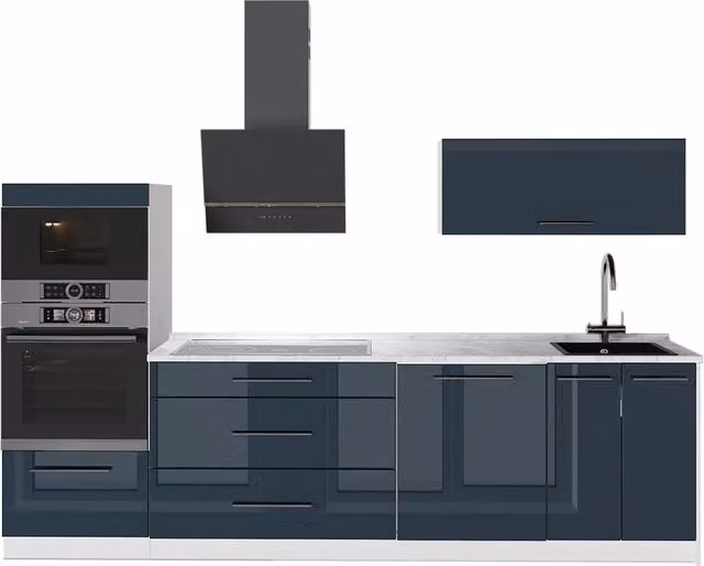 Mueble de cocina Vicco Fame-Line azul oscuro alto brillo y blanco An/P/Al: 280 x 51,6 x 85 cm