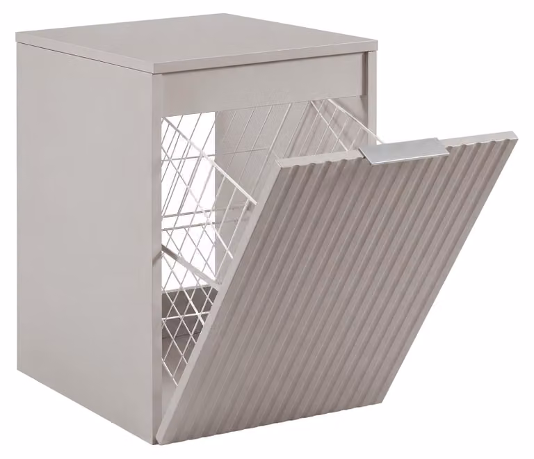 Armario de baño suspendido moderno con cesto para ropa y luz LED de 3E 3xE living.com en color beige y plata con acabado mate y revestimiento de madera
