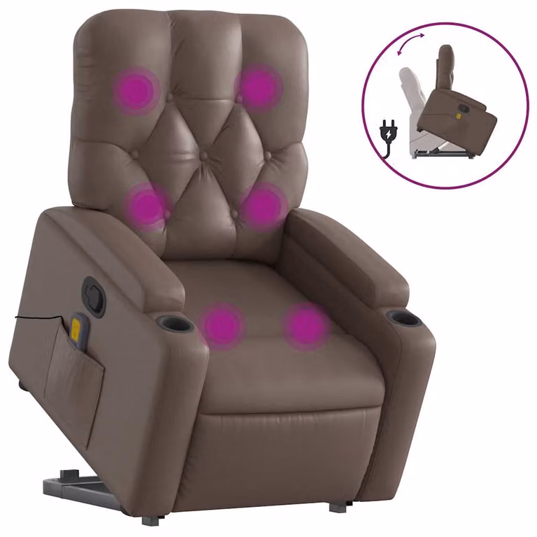 Sillón reclinable de masaje vidaXL en cuero sintético marrón con reposabrazos y estructura de madera y metal