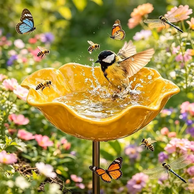 Baño de metal para pájaros e insectos con forma de flor LIIYIELA, color amarillo, 1 unidad