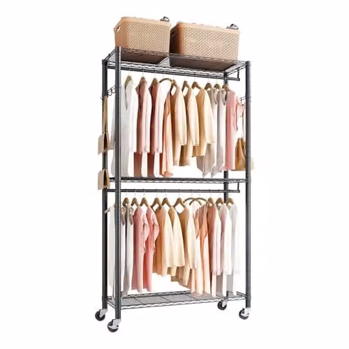 Perchero ajustable con ruedas VEVOR de acero al carbono en color negro, con 2 barras para ropa, 3 estantes y 8 ganchos, capacidad de carga de 204 kg, An/P/Al: 90 x 40 x 199,9 cm