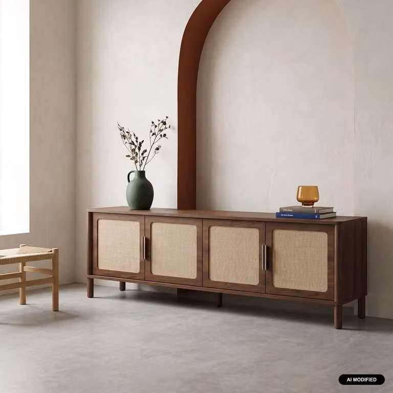 Mueble de TV vintage SWEEEK con 4 puertas y detalles de rejilla de ratán en color nogal, An/P/Al: 160 x 39,5 x 50 cm