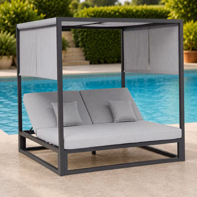 Cama de jardín PORTMOBEL de aluminio lacado antracita y textil olefin gris medio con parasol y reposacabezas ajustable