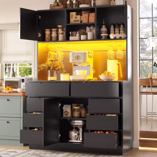 Columna de cocina MODENVIE en negro con 8 cajones, estantes internos e iluminación integrada, An/P/Al: 120 x 40 x 183.5 cm