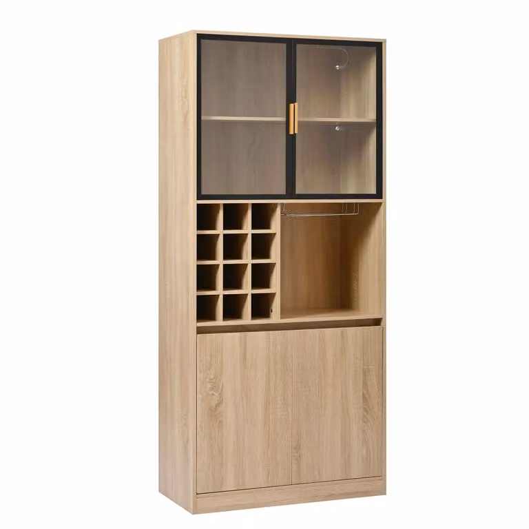 Vitrina alta Urban Meuble con efecto madera, botellero, portacopas e iluminación LED en colores marrón y beige, An/P/Al: 56 x 40 x 180 cm