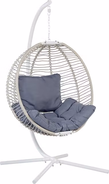 Sillón colgante tipo huevo Beliani con soporte de arco en metal blanco y cojines de tela resistente a los rayos UV para exterior