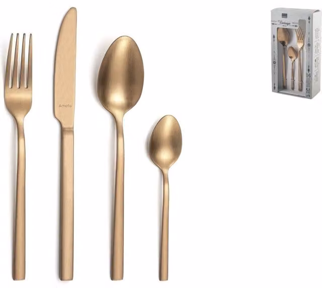 Juego de cubiertos cuadrados Amefa de 16 piezas con acabado PVD en color cobre y oro para adultos