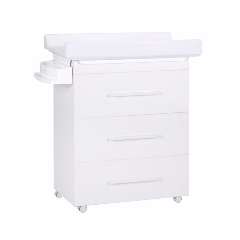 Cómoda bañera para bebés ikid en color blanco con 3 cajones, cubeta, desagüe, jabonera y ruedas