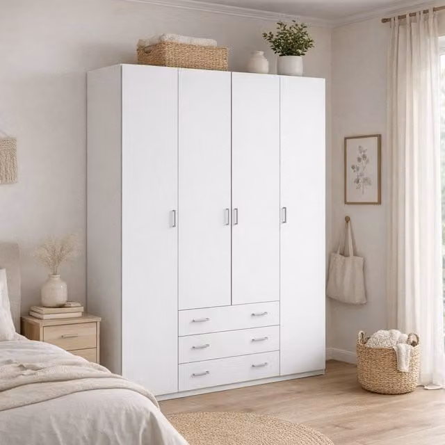Armario grande amoruccio de madera blanca con estantes y cajones integrados An: 154 cm, Al: 200,4 cm