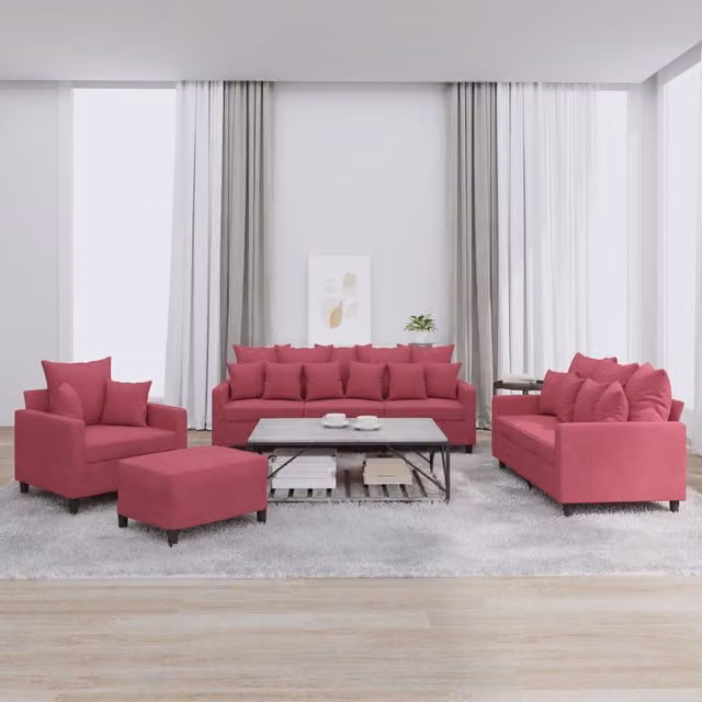 Juego de sofás de 4 piezas vidaXL con cojines en terciopelo rojo para salón