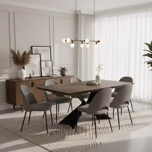 Mesa de comedor extensible moderna DUZZLE de madera y metal en color marrón, rectangular con columna central, An/P/Al: 160/240 x 90 x 76 cm