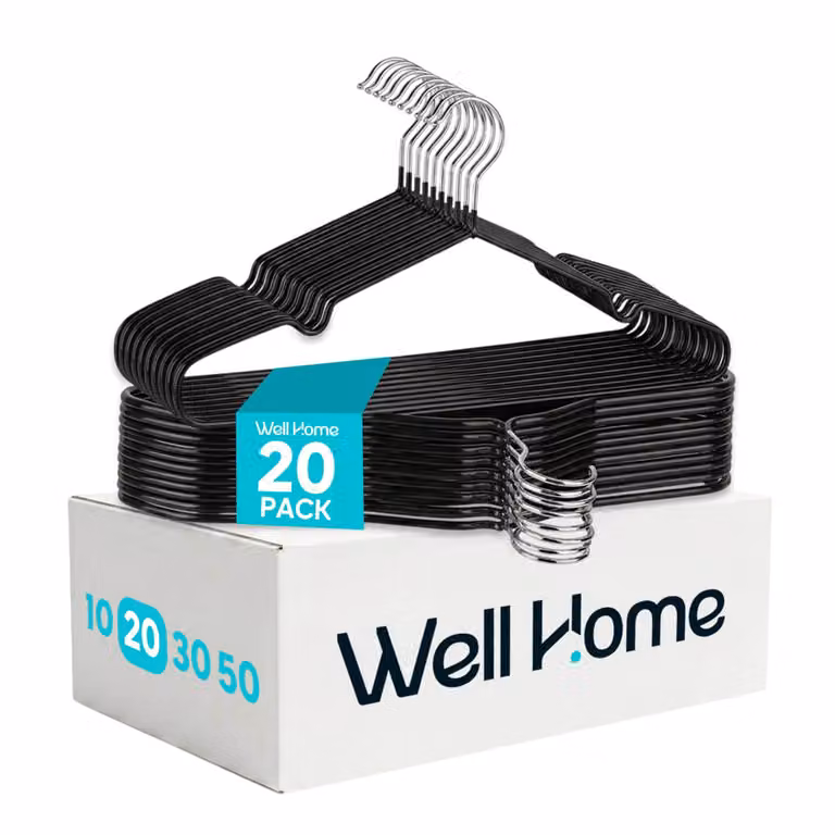 Pack de 20 perchas metálicas antideslizantes Wellhome en color negro con gancho giratorio y muescas para ahorro de espacio
