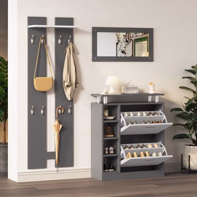 Conjunto de muebles de entrada MODERNLUXE en gris mate con espejo, 2 paneles de pared y zapatero de MDF
