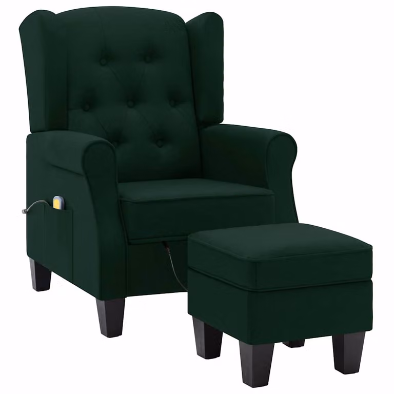 Sillón de masaje vidaXL con reposapiés integrado, diseño moderno en tela verde oscuro, An/P/Al: 94 x 68 x 78 cm