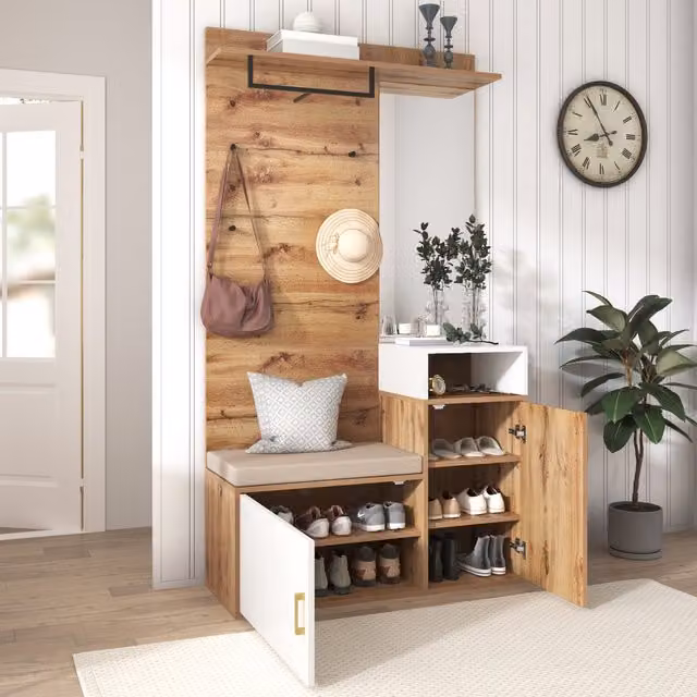 Mueble de entrada MODENVIE con espejo, banco, 2 compartimentos para zapatos y 4 ganchos en blanco y madera, An/P/Al: 105 x 40 x 190,5 cm
