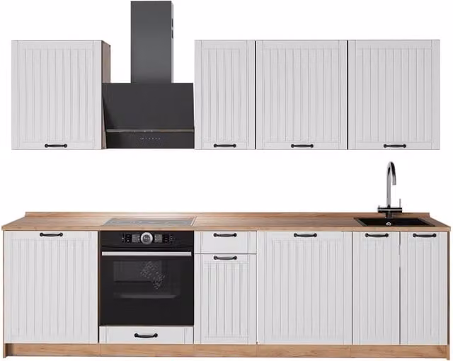 Mueble de cocina Vicco Fame-Line estilo casa de campo en blanco y roble dorado con puertas de cierre suave y An: 280 cm