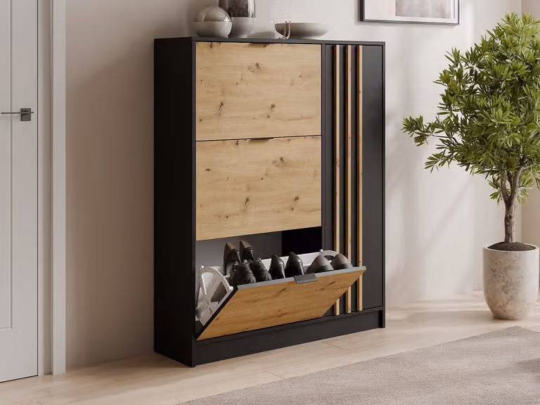 Zapatero moderno con 1 puerta y compartimentos abatibles de VENTE-UNIQUE en color negro y beige, An/P/Al: 130 x 30 x 102 cm