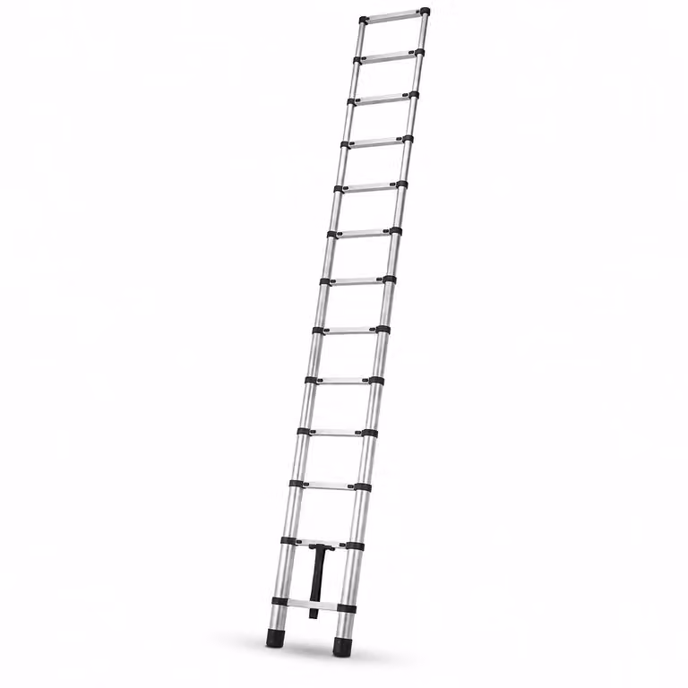 Escalera telescópica plegable Lorvik de 3,2 m en color plata con peldaños antideslizantes y patas de goma