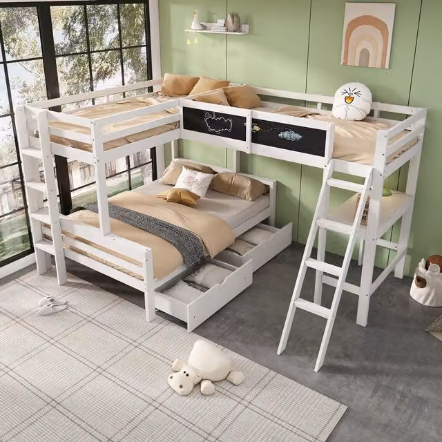 Litera de madera maciza Modenvie de 3 plazas con escritorio integrado, cajones y escaleras, An/P/Al: 140 x 200 x 205,5 cm y 90 x 200 x 156 cm, color blanco y roble