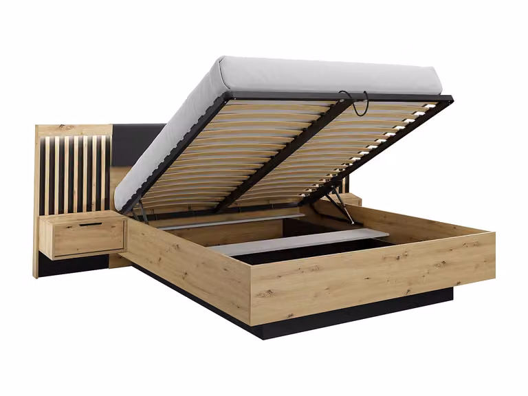 Cama con arcón, mesitas de noche y luz LED VENTE-UNIQUE en color beige y negro, 160 x 200 cm
