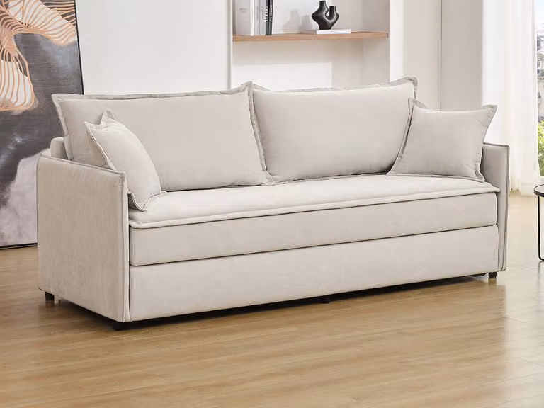 Sofá cama de 3 plazas SERABA en tela beige con fundas extraíbles y cojines incluidos, An/P/Al: 204 x 92 x 82 cm