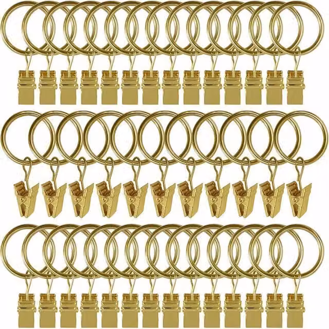 Juego de 30 anillas para cortinas con clips XISRENS de acero inoxidable en color dorado y amarillo