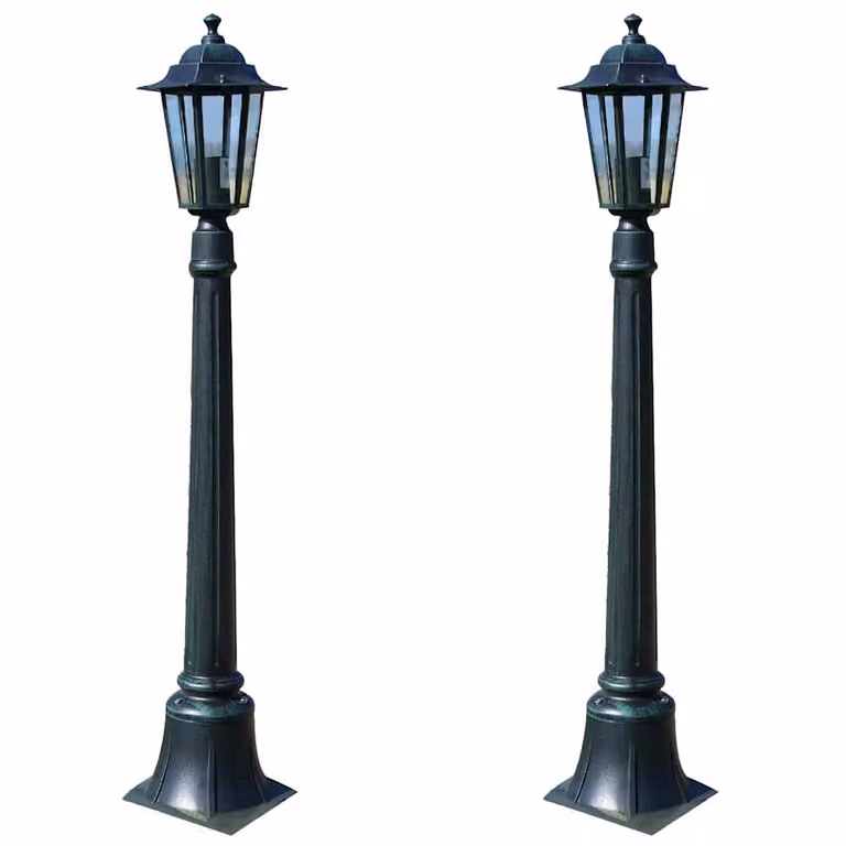 Set de 2 farolas de jardín Preston vidaXL en color negro con detalles en aluminio y cristal, Altura: 105 cm