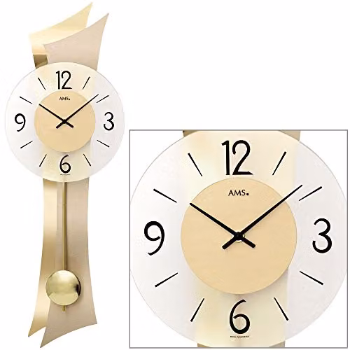 Reloj de pared colgante AMS 7427 de madera con péndulo, mecanismo de cuarzo, multicolor y dorado, An/P/Al: 80 x 35 x 20 cm