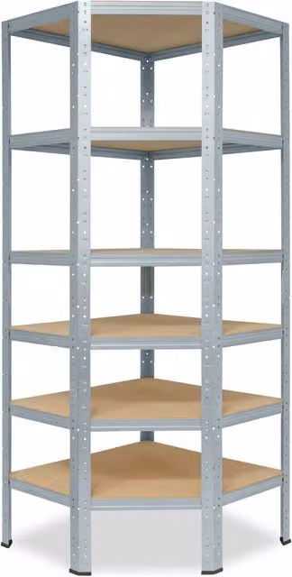 Estante esquinero para cargas pesadas Shelfplaza de metal color plata con 6 baldas ajustables An/P/Al: 90 x 60 x 180 cm
