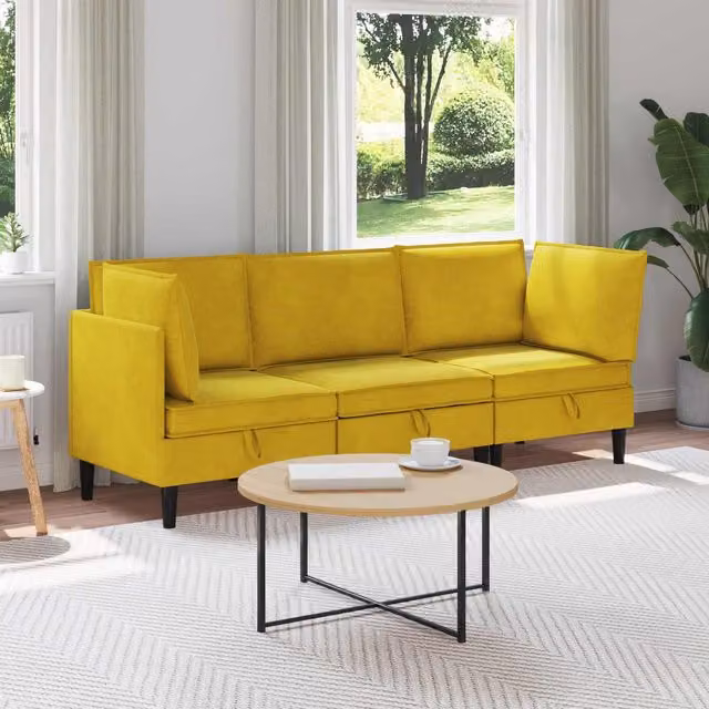 Juego de muebles de salón de 3 piezas vidaXL en terciopelo amarillo con diseño moderno y cojines incluidos