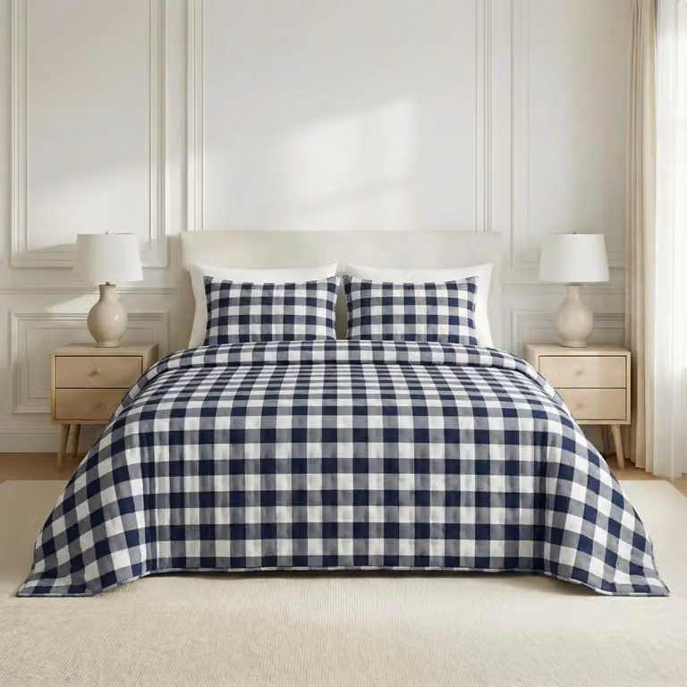 Colcha acolchada de diseño clásico con estampado de cuadros en azul, blanco y terracota para cama de adultos, An/P/Al: 235 x 270 cm