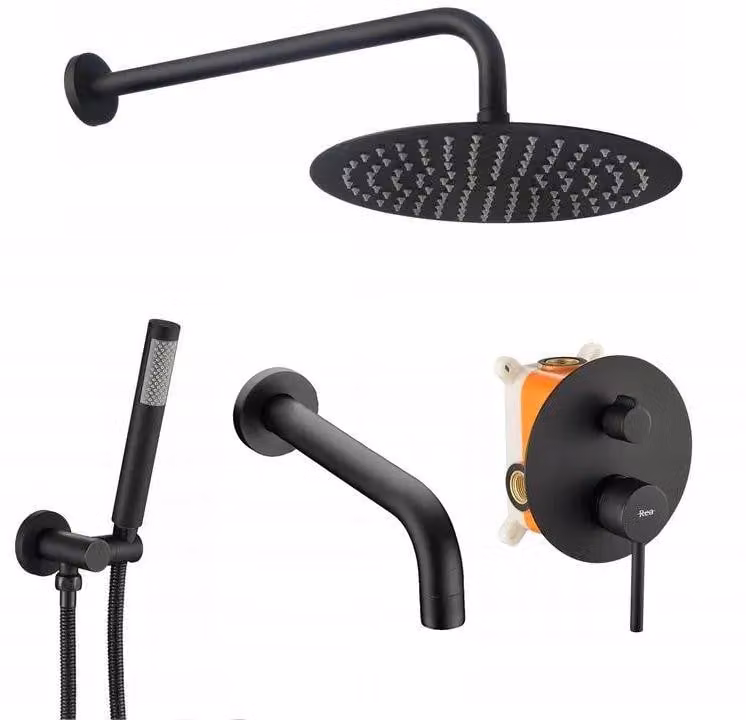 Conjunto de instalación empotrada Rea Lungo para bañera o ducha en negro mate con caja