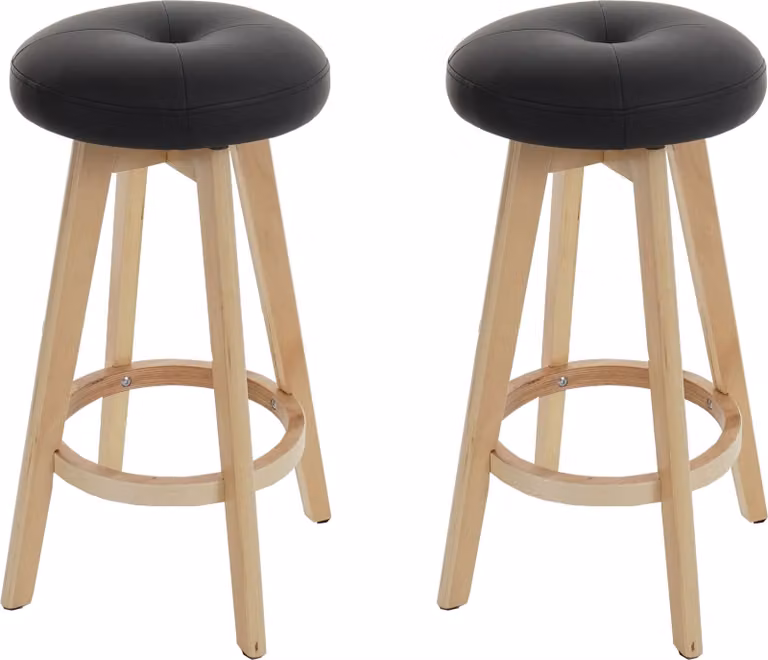 Conjunto de 2 taburetes de bar Navan de estilo retro con estructura de madera de álamo, tapizado en cuero sintético negro y base giratoria
