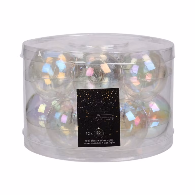 Set de 12 bolas de Navidad WellHome de vidrio con diseño abstracto multicolor y acabado iridiscente, Diámetro: 5 cm
