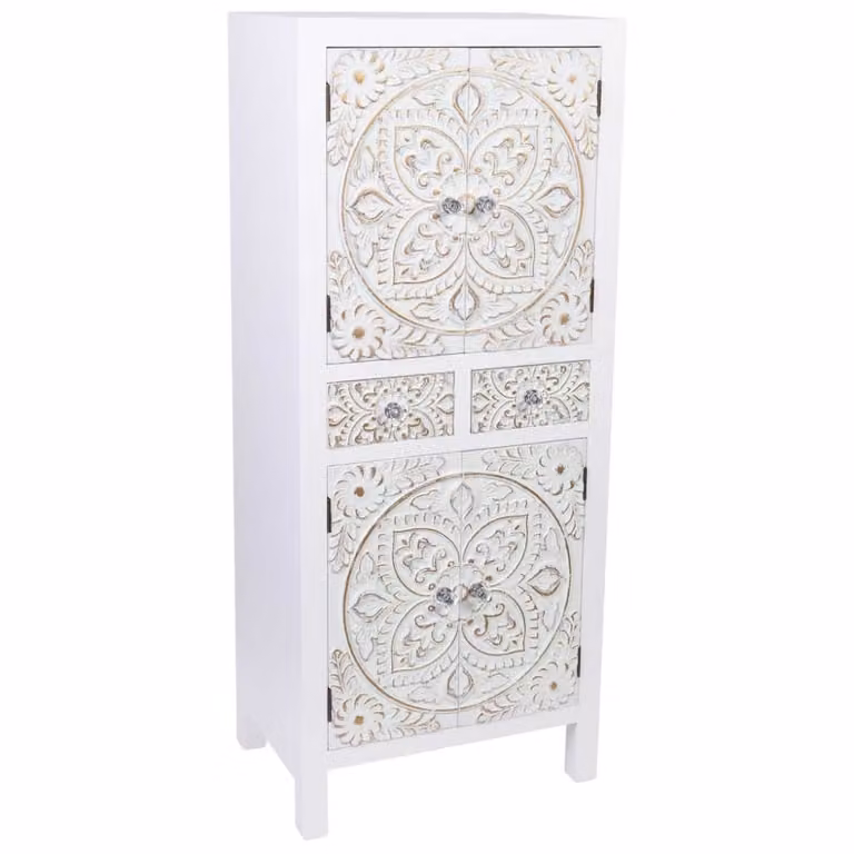 Armario Wanderlust Deco de madera con 4 puertas batientes y 2 cajones internos en color blanco y dorado con detalles florales An/P/Al: 121 x 50 x 34,5 cm