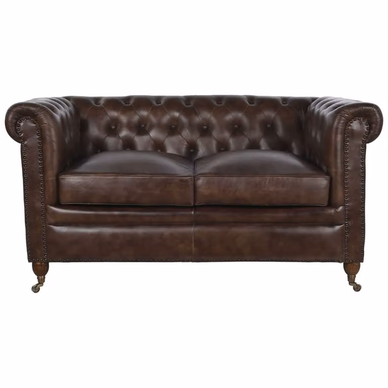 Sofá Chesterfield de 2 plazas NIYLO en cuero marrón An/P/Al: 148 x 80 x 72 cm