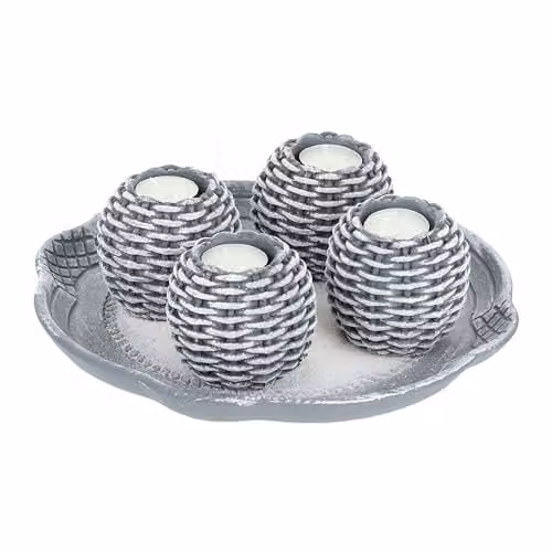 Set de portavelas con bandeja decorativa, 4 portavelas para tealights, arena y velas, estilo shabby chic, gris y blanco, Relaxdays