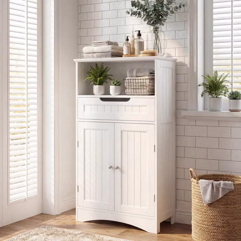 Armario Bealife de MDF con estante abierto, cajón, 2 puertas y sistema de seguridad, Blanco, An/P/Al: 60 x 30 x 108 cm