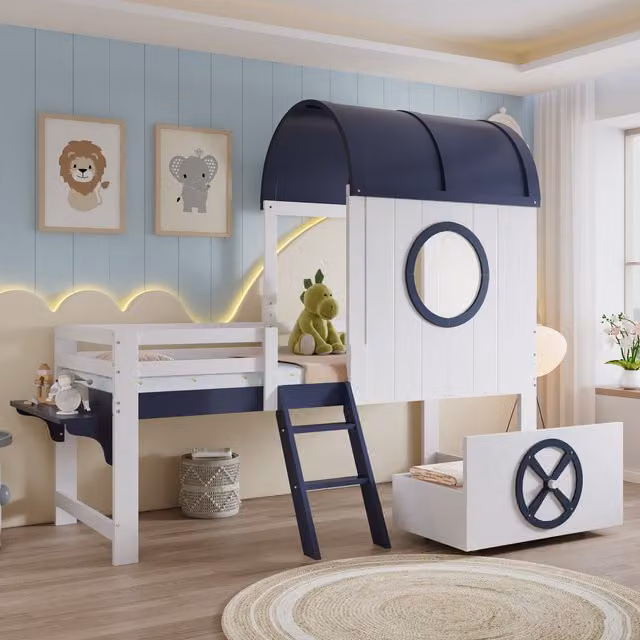 Litera Semialta de Cabina GUTENT para Niños con Techo, Ventana y Cajón con Ruedas, Color Blanco y Azul, An/P/Al: 90 x 200 x 120 cm