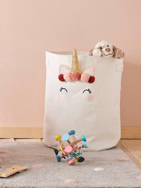 Cesto de organización XL Vertbaudet para niños con motivos de unicornio, color blanco, textil con asas